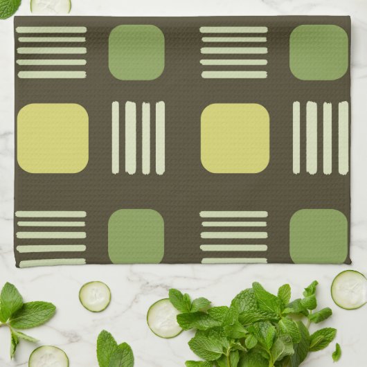 Mid-Century Modern Squares Lines Dark Chartreuse Theedoek (Gevouwen)
