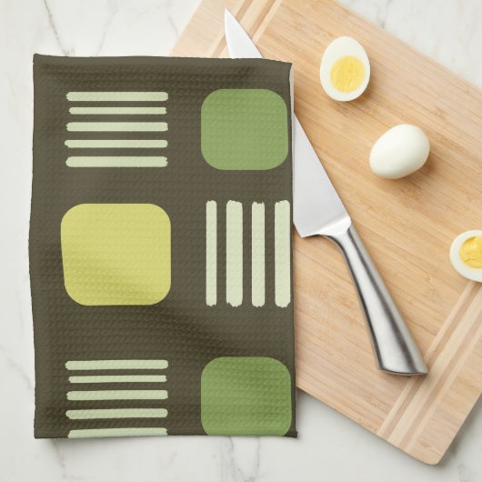 Mid-Century Modern Squares Lines Dark Chartreuse Theedoek (Quarter Fold)