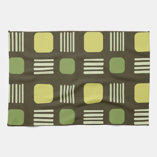 Mid-Century Modern Squares Lines Dark Chartreuse Theedoek (Horizontaal)