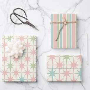 Mid Century Modern Starbursts en Stripes Pastel Inpakpapier Vel