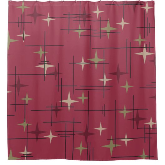 Mid Century Modern Stars Maroon Douchegordijn (Voorkant)