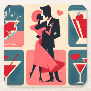 Mid Century Modern Valentijn Dancing Paar Vierkante Kartonnen Onderzetter