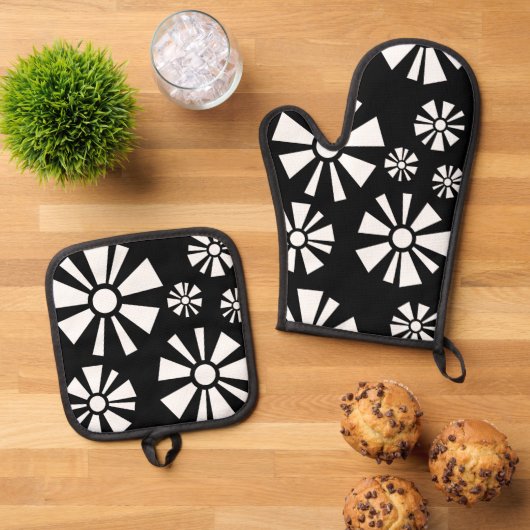 Mid Century Moderne Bloemen Zwart Wit Ovenwant & Pannenlap Set (Top down)