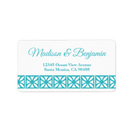 Mid Century moderne bruiloft, retro, blauw, wit Etiket