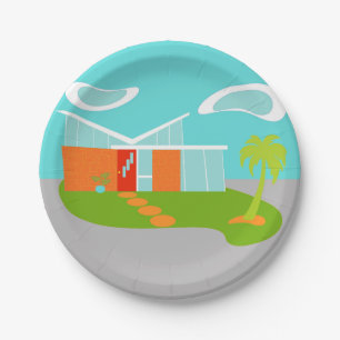 Mid Century Moderne Cartoon House Paper Borden Papieren Bordje