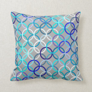 Mid-Century Moderne cirkels, grijs, blauw en wit Kussen