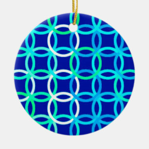 Mid-Century Moderne cirkels, kobalt & pauw Keramisch Ornament