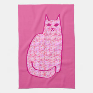 Mid-Century Moderne Kat, Fuchsia en Licht Roze Theedoek
