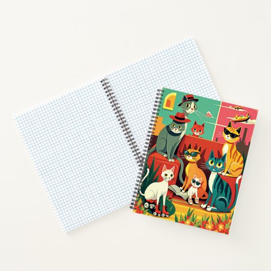 Mid Century Moderne Katten op Vakantie Dagboek Notitieboek (Binnen)
