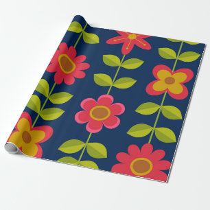 Mid Century Moderne rode bloemen met bladeren Cadeaupapier