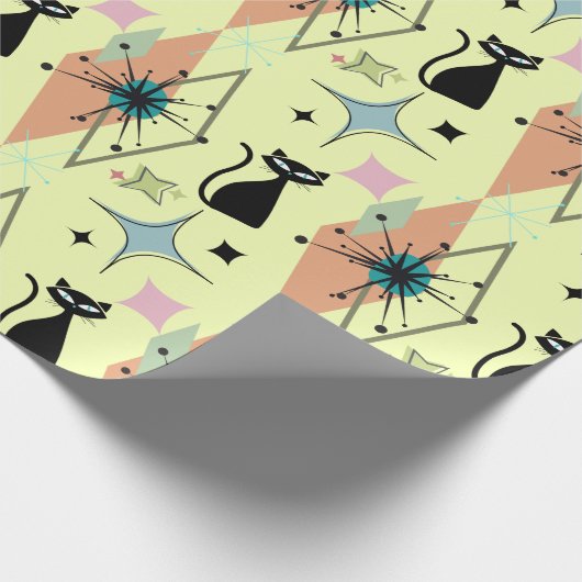 Mid Century moderne sterren en katten patroon crèm Cadeaupapier (Hoek)