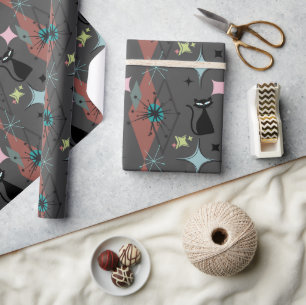 Mid Century Moderne sterren en katten Patroon Grij Cadeaupapier