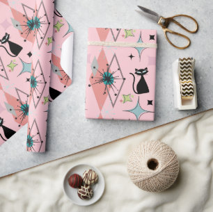 Mid Century moderne sterren en katten patroon roze Cadeaupapier