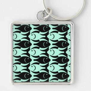 Mid-Century Moderne vis, aqua en zwart Sleutelhanger