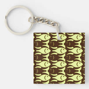 Mid-Century Moderne vis, bruin en geel Sleutelhanger