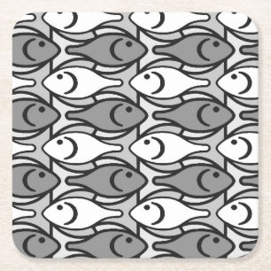 Mid-Century Moderne vis, grijs, wit en zwart Vierkante Kartonnen Onderzetter