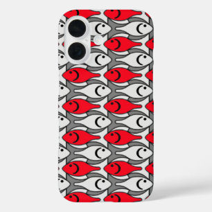 Mid-Century Moderne vis, rood en grijs/grijs iPhone 16 Hoesje