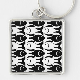 Mid-Century Moderne vis, zwart-wit Sleutelhanger