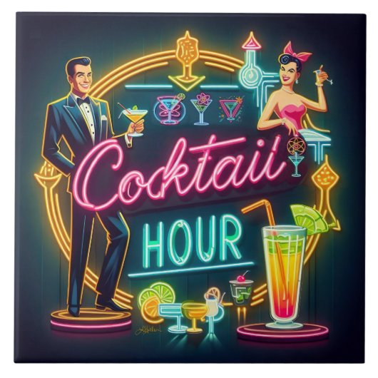Mid Century Neon Sign Cocktail Hour Paar Tegeltje (Voorkant)