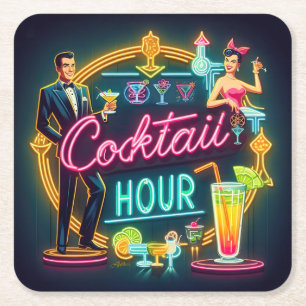 Mid Century Neon Sign Cocktail Hour Paar Vierkante Kartonnen Onderzetter