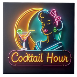 Mid Century Neon Sign Cocktail Hour Woman Tegeltje