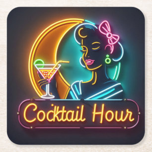 Mid Century Neon Sign Cocktail Hour Woman Vierkante Kartonnen Onderzetter