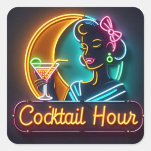 Mid Century Neon Sign Cocktail Hour Woman Vierkante Sticker