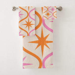Mid Century Oranje roze Starbursts op Ogee Pattern Bad Handdoek