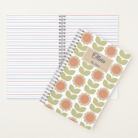 Mid-Century Pastel Pink Retro Floral Pattern Notitieboek (Binnen)