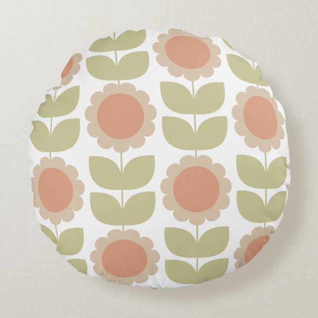  Mid-Century Pastel Pink Retro Floral Pattern Rond Kussen (Voorkant)