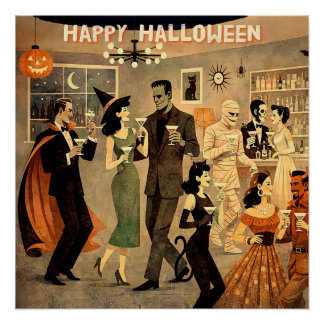 Mid Century Retro 40s Halloween Martini Feest Perfect Poster