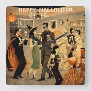 Mid Century Retro 40s Halloween Martini Feest Vierkante Klok
