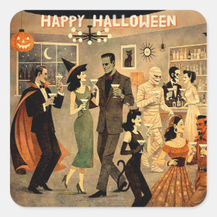 Mid Century Retro 40s Halloween Martini Feest Vierkante Sticker