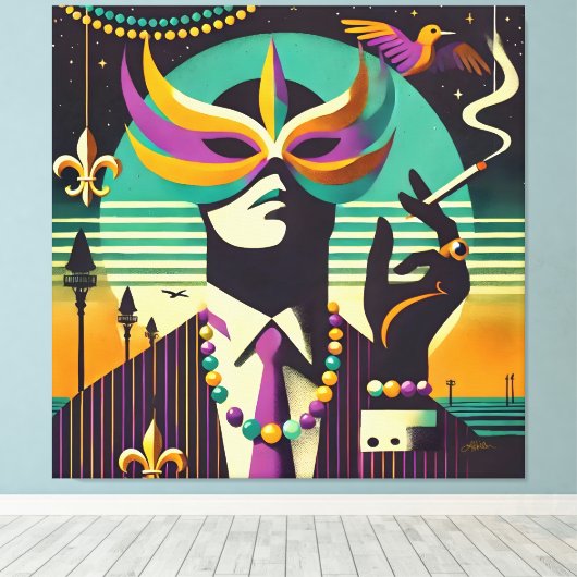 Mid Century Retro 60s Mardi Gras The Smoking Man Canvas Afdruk (Insitu (Houten vloer))