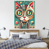 Mid Century Retro Futuristische Circuit Cat Canvas Afdruk (Insitu (Slaapkamer))