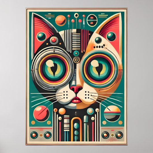 Mid Century Retro Futuristische Circuit Cat Poster (Voorkant)