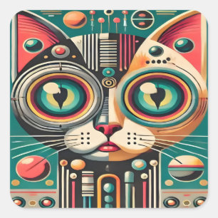 Mid Century Retro Futuristische Circuit Cat Vierkante Sticker