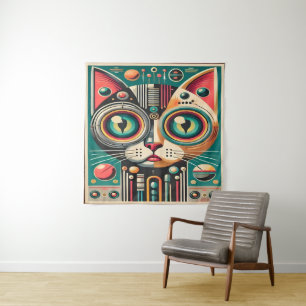 Mid Century Retro Futuristische Circuit Cat Wandkleed