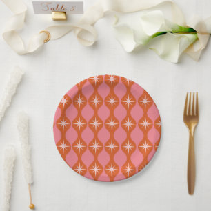 Mid Century Retro Starbursts op Oranje Roze Ogee Papieren Bordje