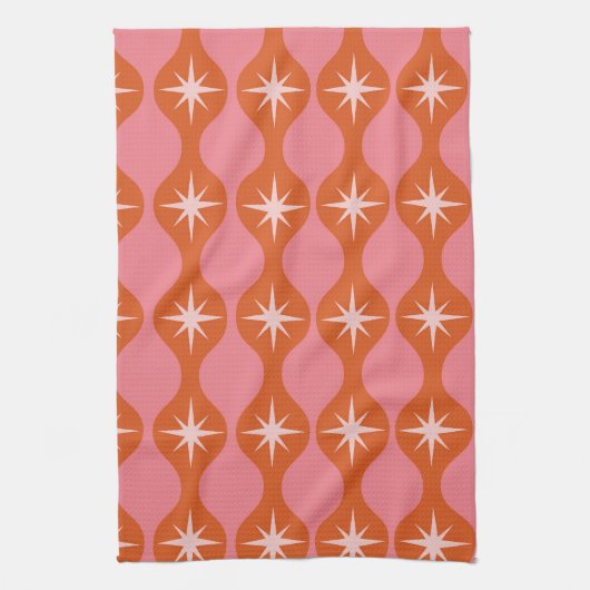 Mid Century Retro Starbursts op Roze Sinaasappel O Theedoek (Verticaal)