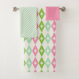 Mid Century Roze & Groen Geometrische Kerstmis Bad Handdoek