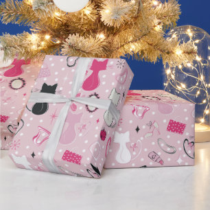 Mid Century Roze Hart Katten Cadeaupapier