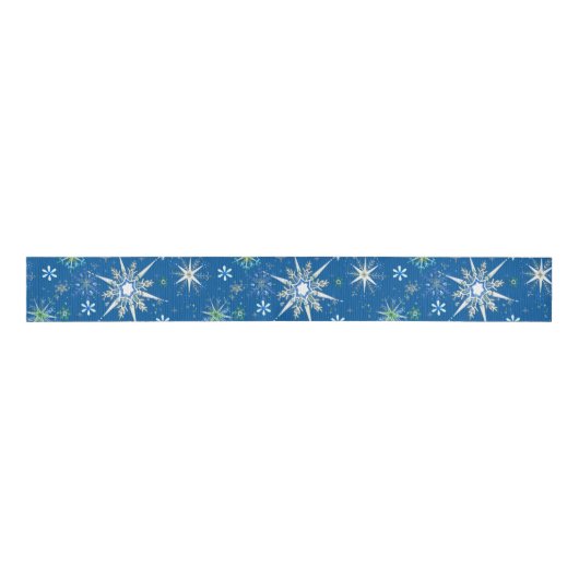Mid-Century Snowflakes Galore On Blue Grosgrain Lint (Voorkant)