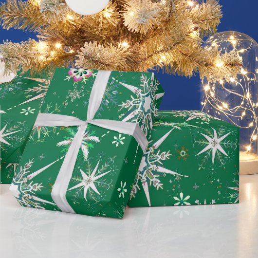Mid-Century Snowflakes Galore On Green Cadeaupapier (Feestdagen)