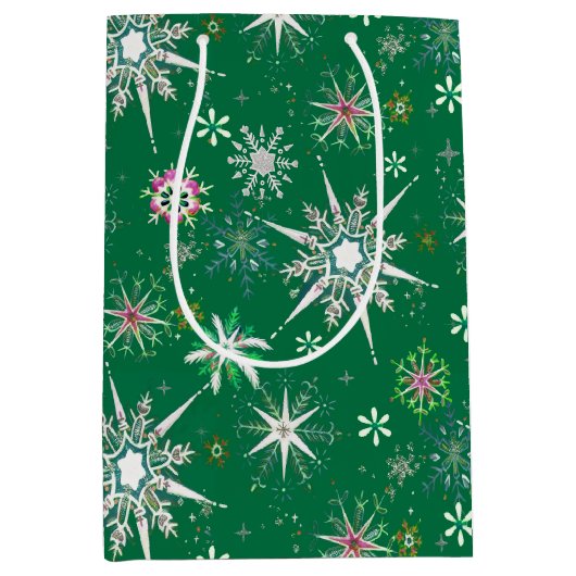 Mid-Century Snowflakes Galore On Green Medium Cadeauzakje (Voorkant)
