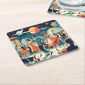 Mid Century Space Age Cocktail Party Vierkante Kartonnen Onderzetter (Schuin)