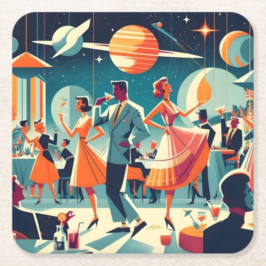 Mid Century Space Age Cocktail Party Vierkante Kartonnen Onderzetter (Voorkant)