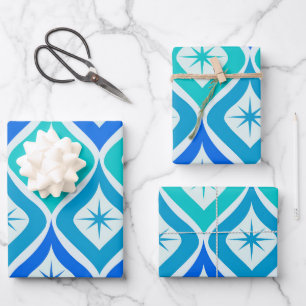 Mid Century Starbursts op Blue Turquoise Ogee Inpakpapier Vel