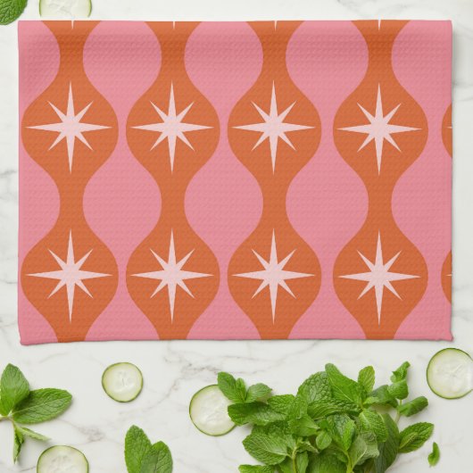 Mid Century Starbursts op Oranje roze ogee patroon Theedoek (Gevouwen)