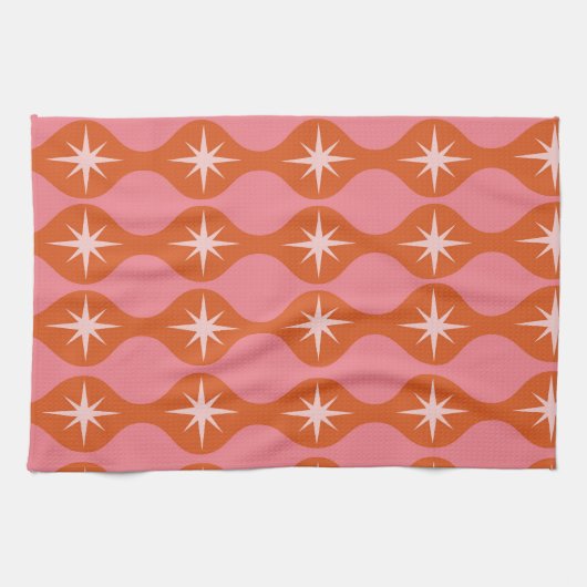 Mid Century Starbursts op Oranje roze ogee patroon Theedoek (Horizontaal)